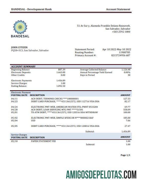 Modelo realista de extrato bancário de Salvador Bandesal em formato Word e PDF